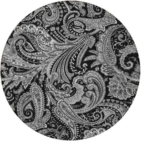 8' Black Gray And White Round Paisley Washable Indoor Outdoor Area Rug Photo 5