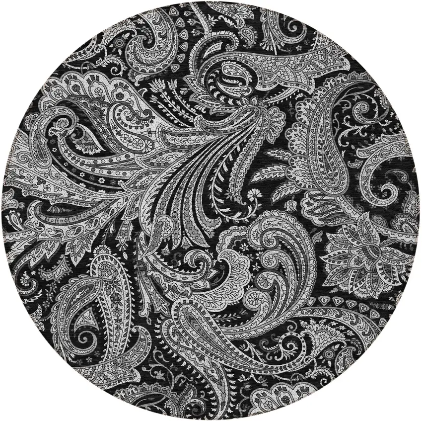 8' Black Gray And White Round Paisley Washable Indoor Outdoor Area Rug Photo 5