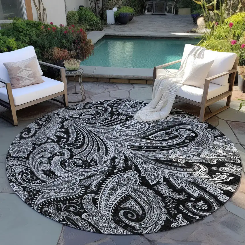 8' Black Gray And White Round Paisley Washable Indoor Outdoor Area Rug Photo 6