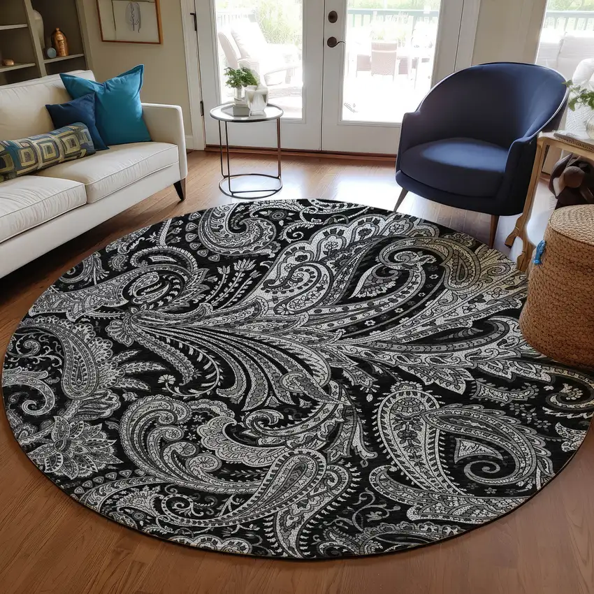 8' Black Gray And White Round Paisley Washable Indoor Outdoor Area Rug Photo 7