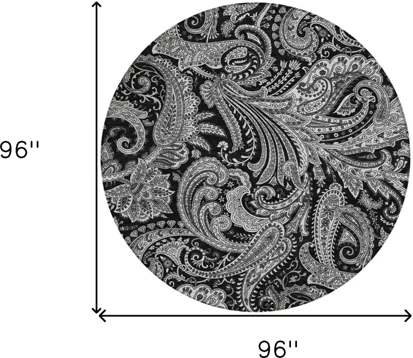 8' Black Gray And White Round Paisley Washable Indoor Outdoor Area Rug Photo 3