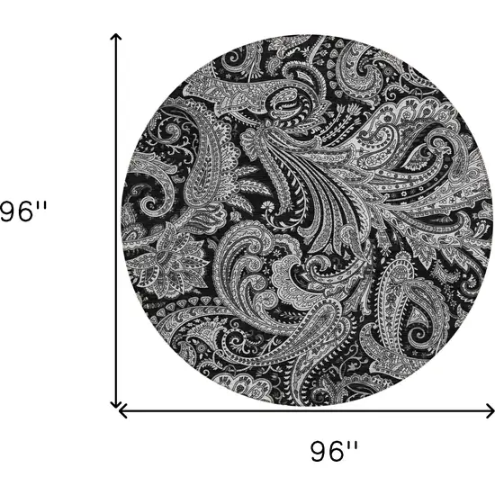 8' Black Gray And White Round Paisley Washable Indoor Outdoor Area Rug Photo 3