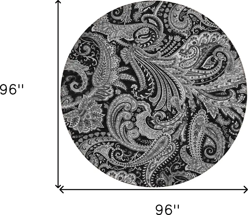 8' Black Gray And White Round Paisley Washable Indoor Outdoor Area Rug Photo 3
