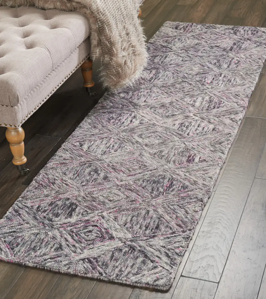 8' Black Gray and Ivory Wool Geometric Runner Rug Photo 7