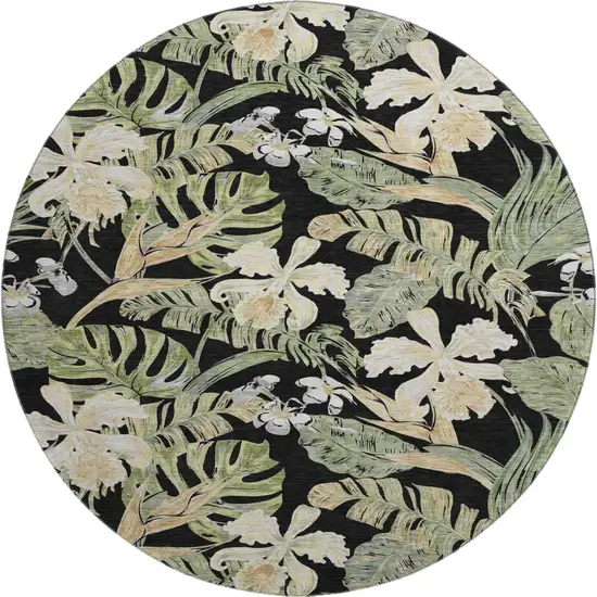8' Black Green And Beige Floral Washable Round Rug With UV Protection Photo 1