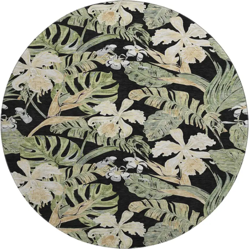 8' Black Green And Beige Floral Washable Round Rug With UV Protection Photo 1