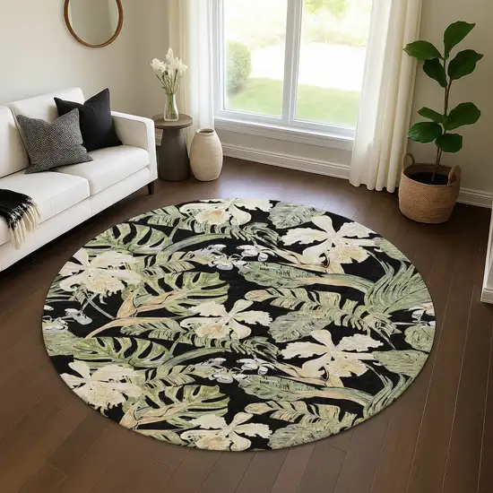 8' Black Green And Beige Floral Washable Round Rug With UV Protection Photo 4