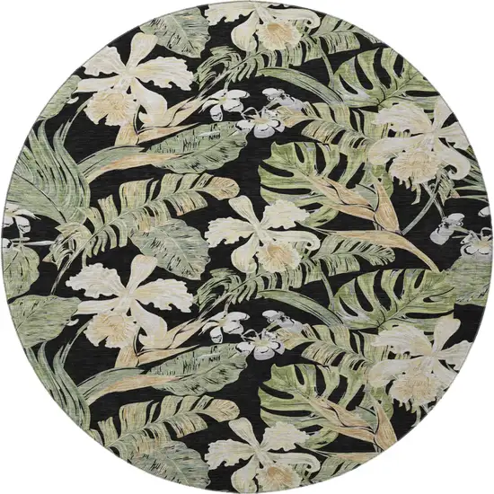 8' Black Green And Beige Floral Washable Round Rug With UV Protection Photo 3