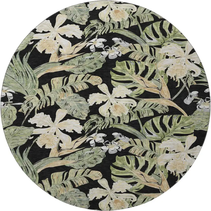 8' Black Green And Beige Floral Washable Round Rug With UV Protection Photo 3