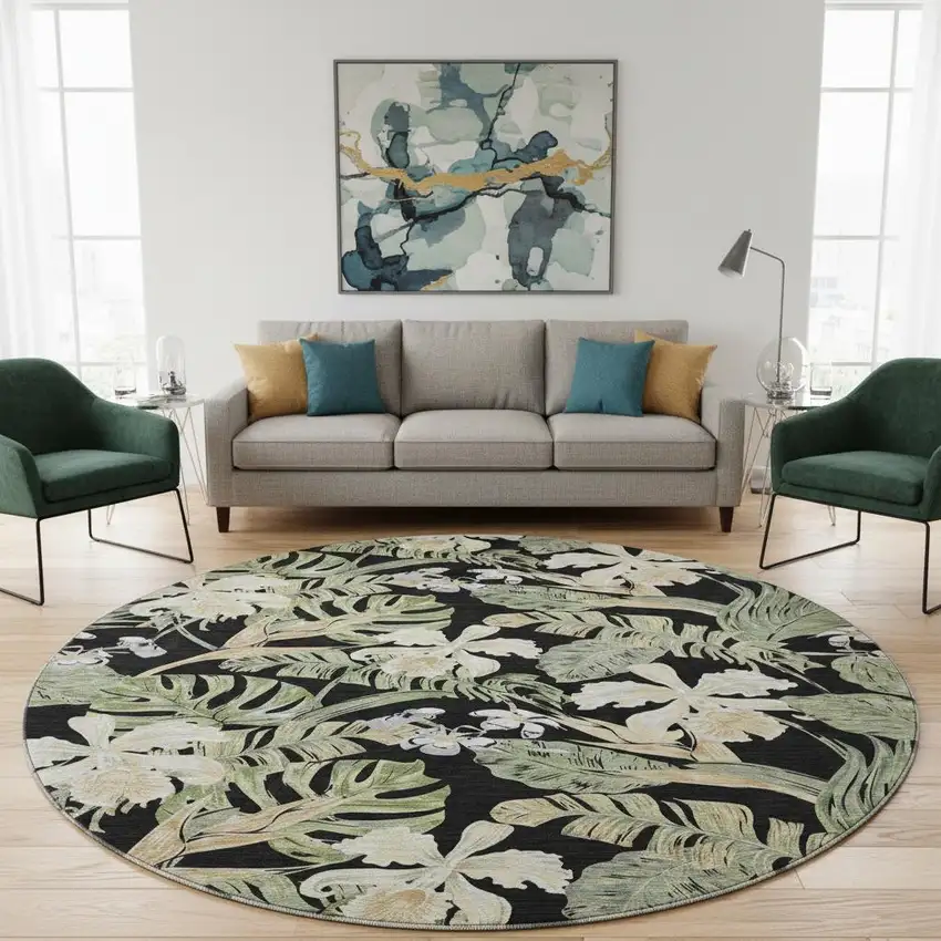8' Black Green And Beige Floral Washable Round Rug With UV Protection Photo 2