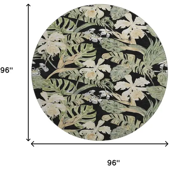 8' Black Green And Beige Floral Washable Round Rug With UV Protection Photo 9