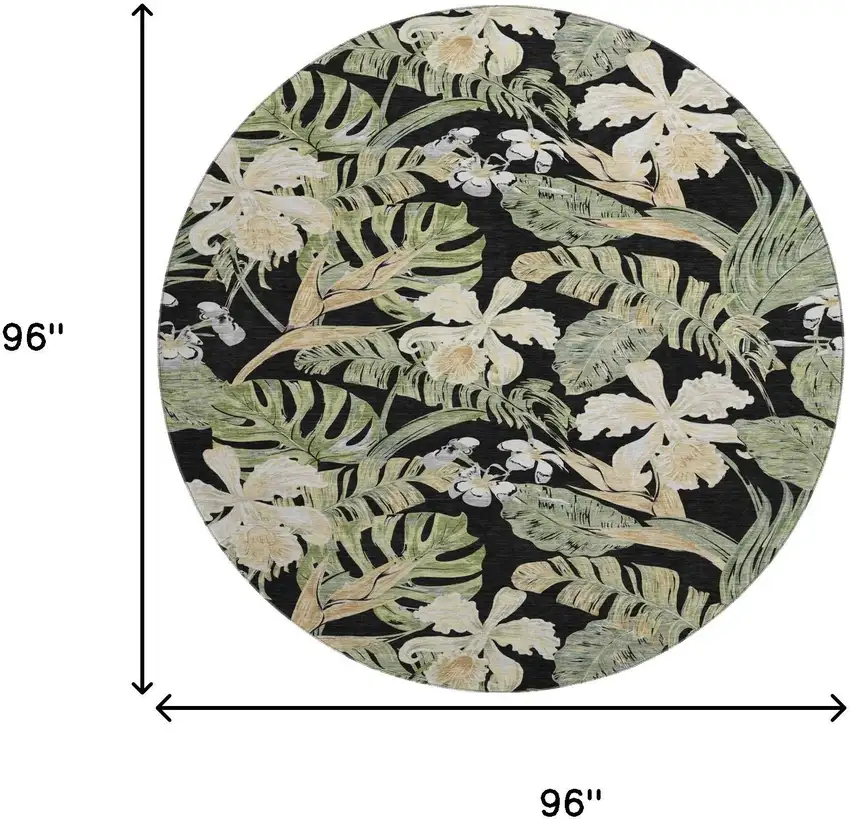 8' Black Green And Beige Floral Washable Round Rug With UV Protection Photo 9
