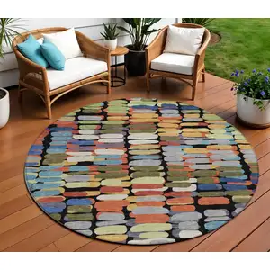 Photo of 8' Black Green And Blue Round Abstract Washable Indoor Outdoor Area Rug