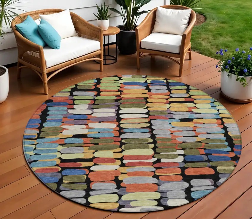 8' Black Green And Blue Round Abstract Washable Indoor Outdoor Area Rug Photo 1