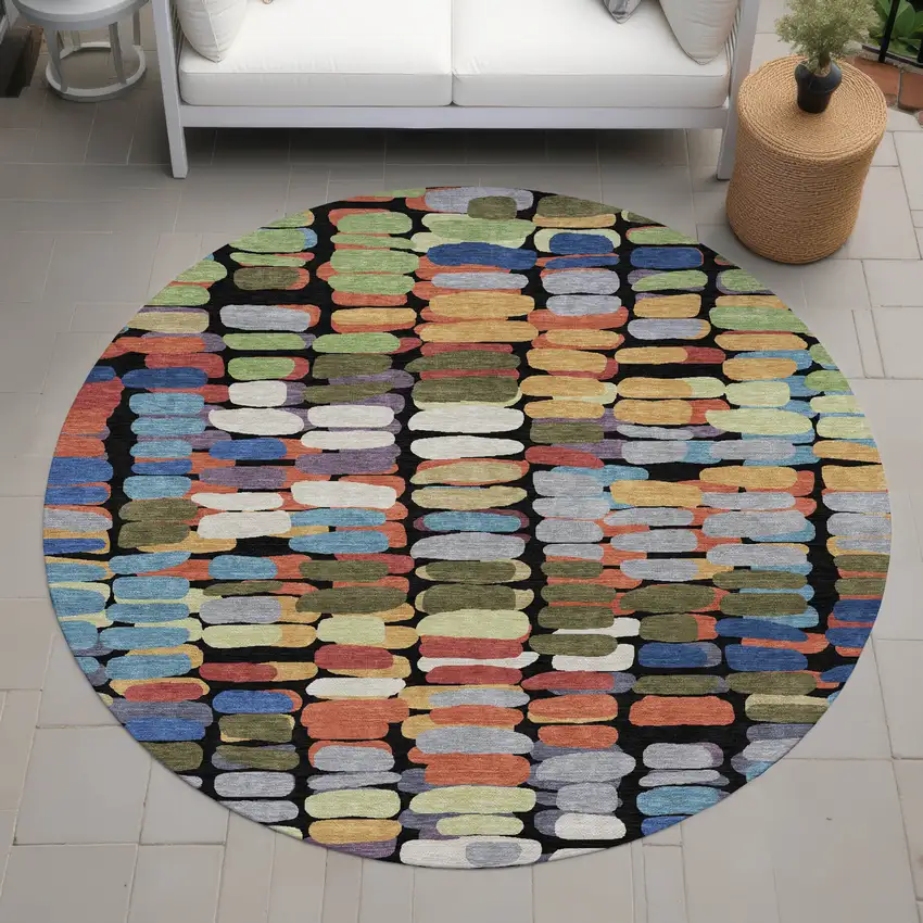 8' Black Green And Blue Round Abstract Washable Indoor Outdoor Area Rug Photo 8