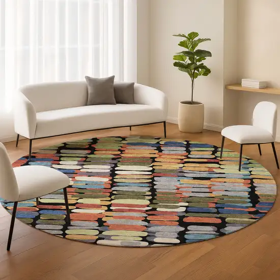 8' Black Green And Blue Round Abstract Washable Indoor Outdoor Area Rug Photo 9