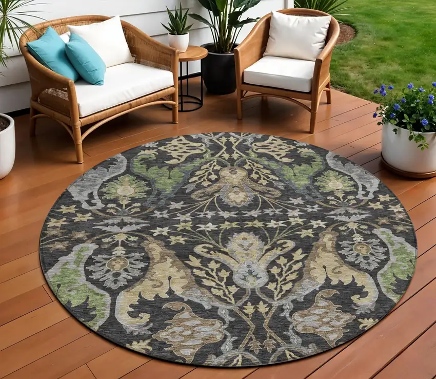 8' Black Green And Brown Round Floral Washable Indoor Outdoor Area Rug Photo 1