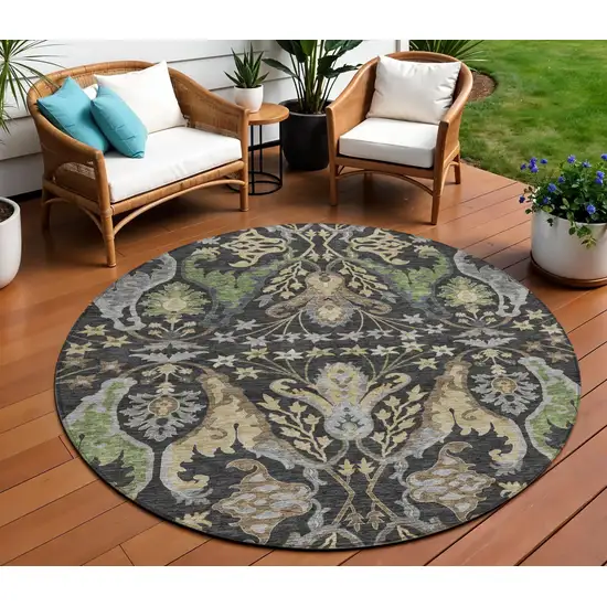 8' Black Green And Brown Round Floral Washable Indoor Outdoor Area Rug Photo 1