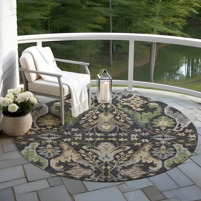 8' Black Green And Brown Round Floral Washable Indoor Outdoor Area Rug Photo 8