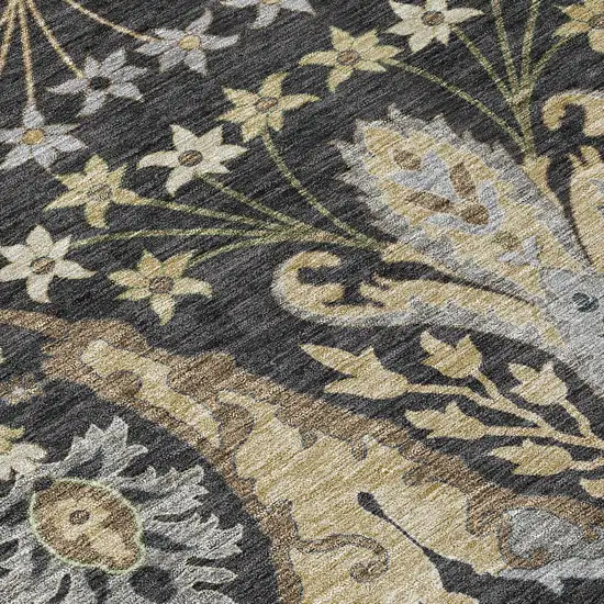 8' Black Green And Brown Round Floral Washable Indoor Outdoor Area Rug Photo 5