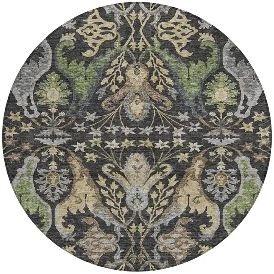 8' Black Green And Brown Round Floral Washable Indoor Outdoor Area Rug Photo 6