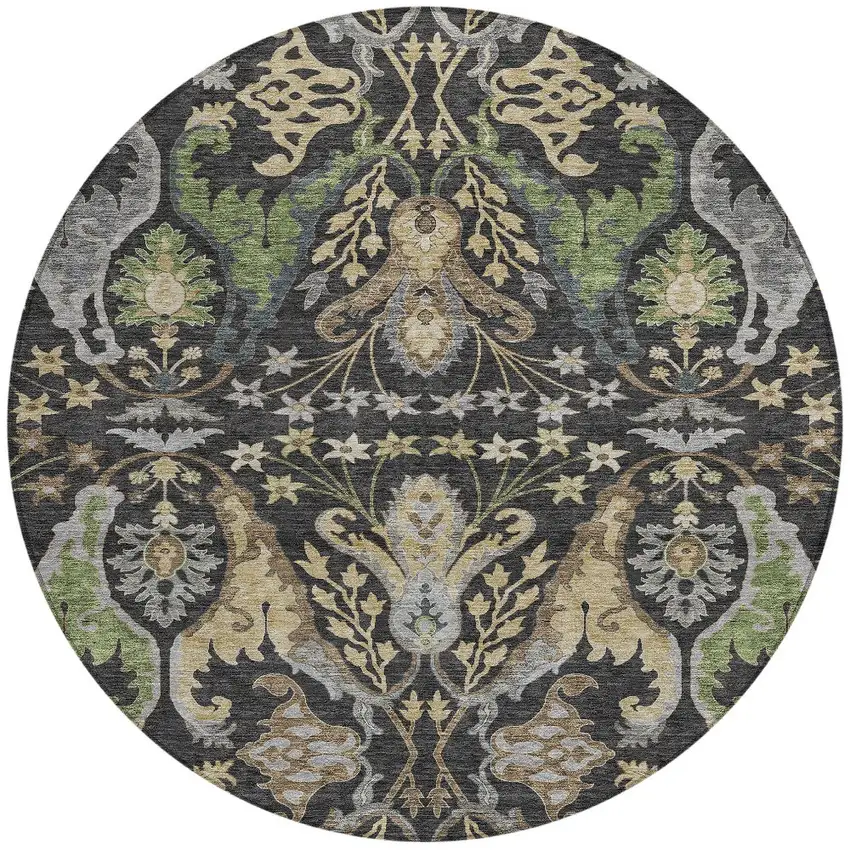 8' Black Green And Brown Round Floral Washable Indoor Outdoor Area Rug Photo 6