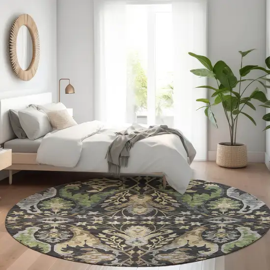 8' Black Green And Brown Round Floral Washable Indoor Outdoor Area Rug Photo 9
