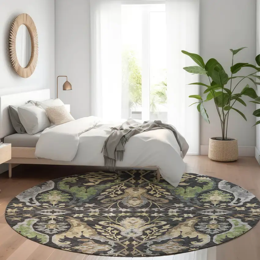 8' Black Green And Brown Round Floral Washable Indoor Outdoor Area Rug Photo 9