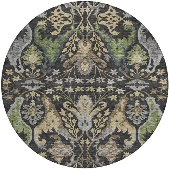 8' Black Green And Brown Round Floral Washable Indoor Outdoor Area Rug Photo 2