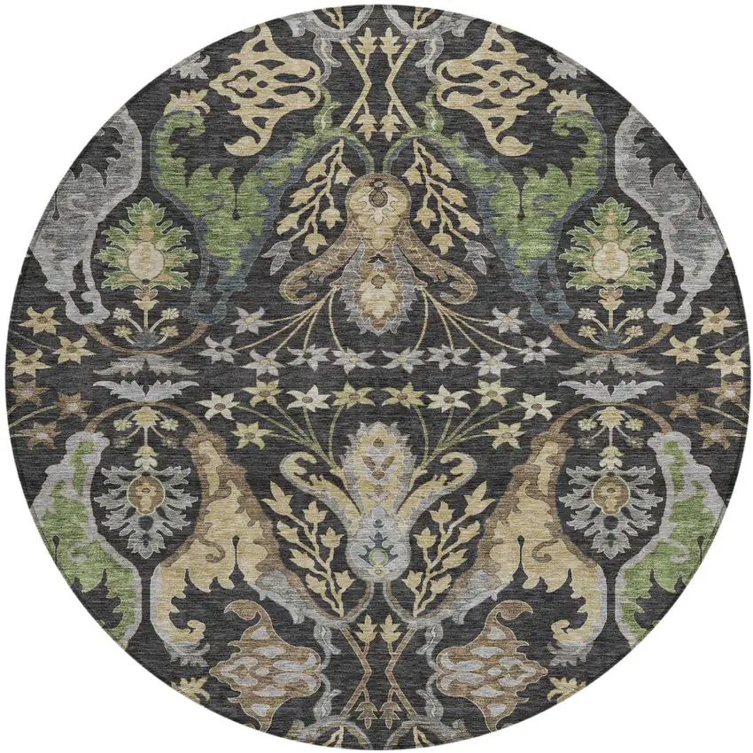 8' Black Green And Brown Round Floral Washable Indoor Outdoor Area Rug Photo 2