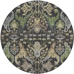 Photo of 8' Black Green And Brown Round Floral Washable Indoor Outdoor Area Rug
