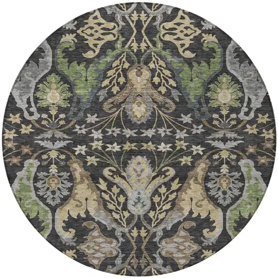 8' Black Green And Brown Round Floral Washable Indoor Outdoor Area Rug Photo 7
