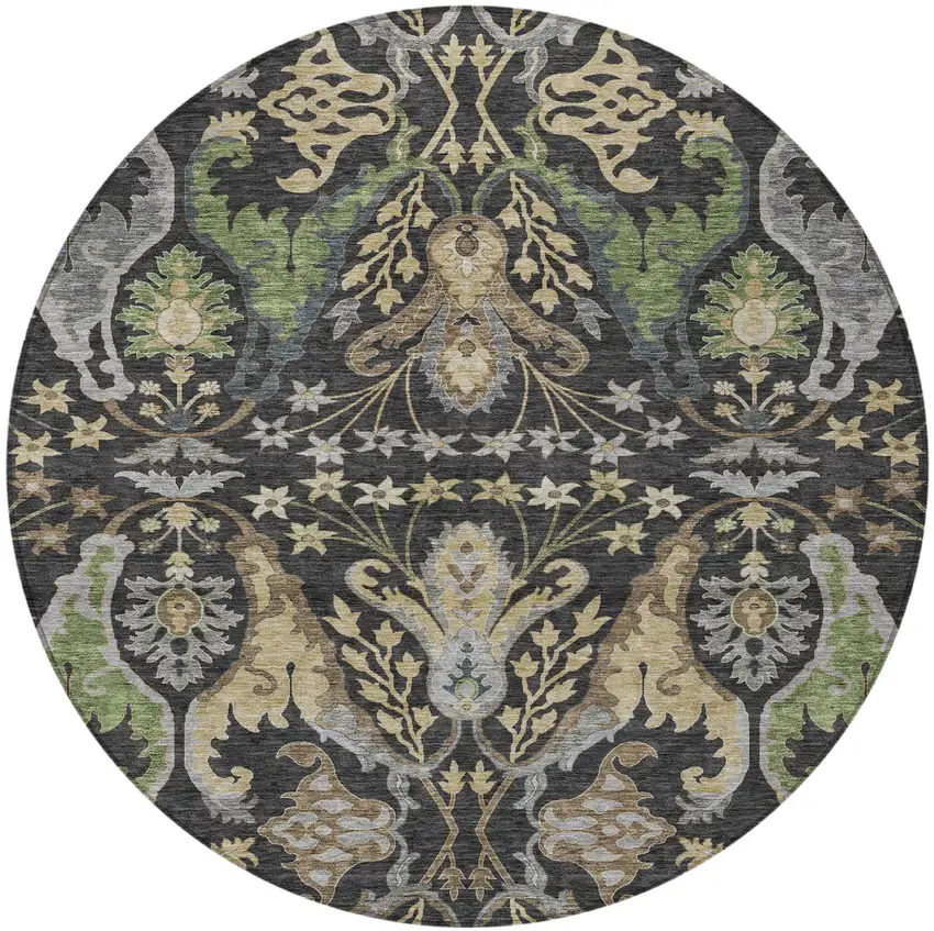 8' Black Green And Brown Round Floral Washable Indoor Outdoor Area Rug Photo 7