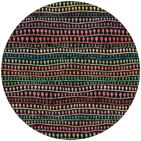 8' Black Green And Gold Round Striped Washable Indoor Outdoor Area Rug Photo 6