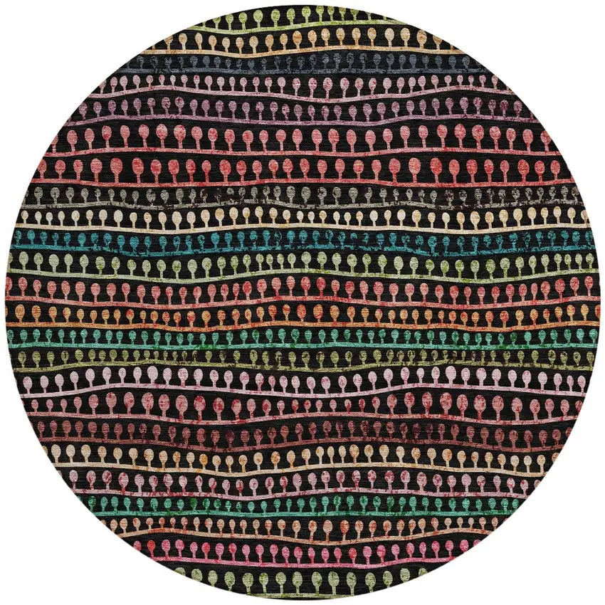 8' Black Green And Gold Round Striped Washable Indoor Outdoor Area Rug Photo 6