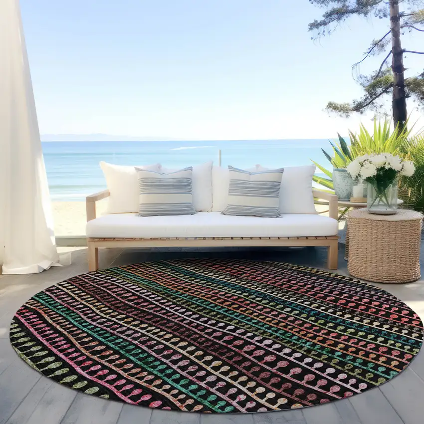 8' Black Green And Gold Round Striped Washable Indoor Outdoor Area Rug Photo 7