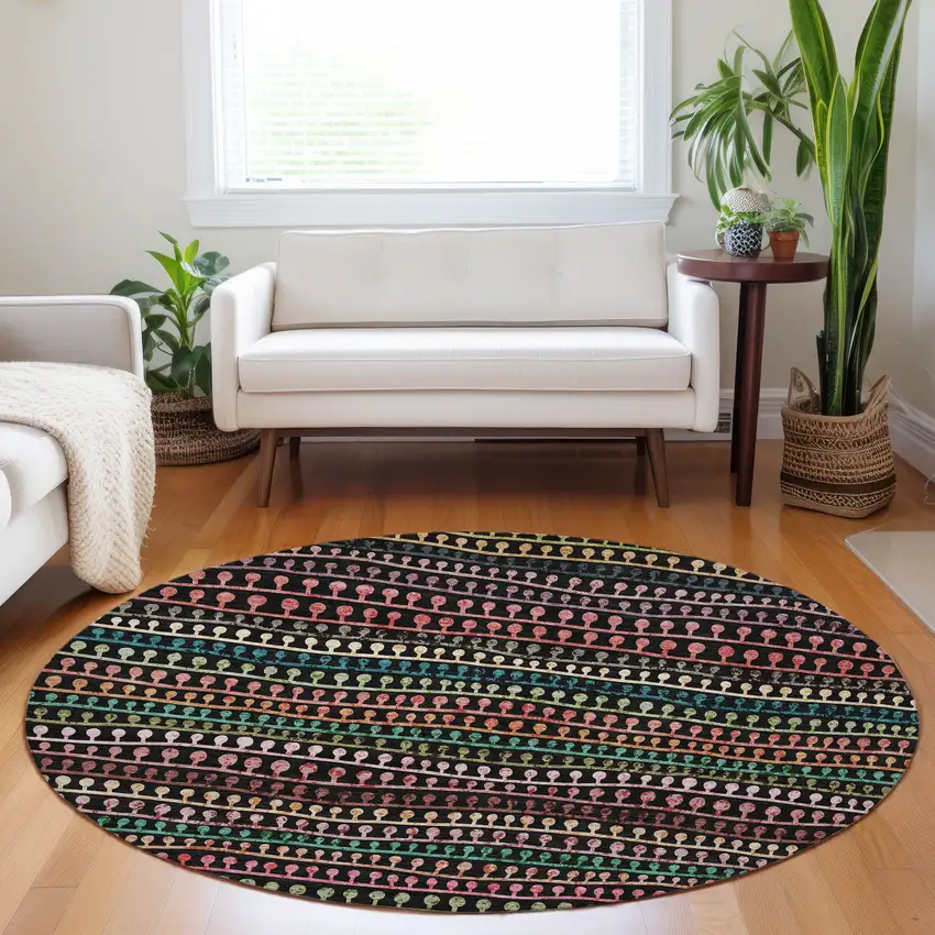 8' Black Green And Gold Round Striped Washable Indoor Outdoor Area Rug Photo 8