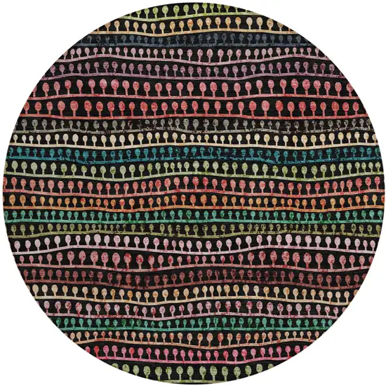 8' Black Green And Gold Round Striped Washable Indoor Outdoor Area Rug Photo 2