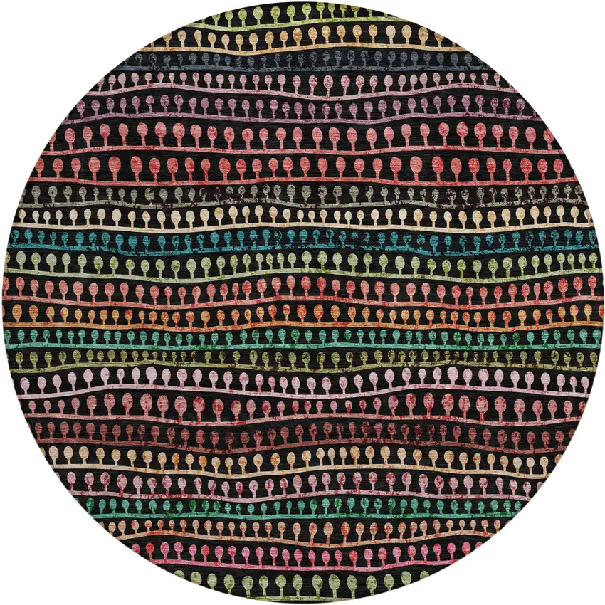 8' Black Green And Gold Round Striped Washable Indoor Outdoor Area Rug Photo 2