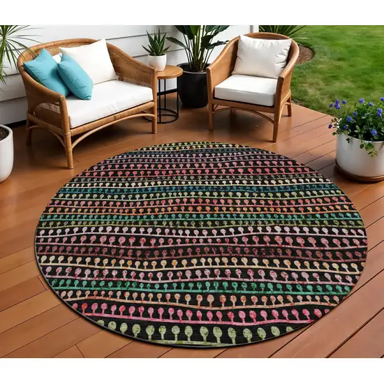 8' Black Green And Gold Round Striped Washable Indoor Outdoor Area Rug Photo 1