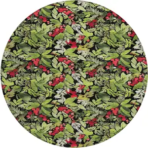 Photo of 8' Black Green And Red Round Botanical Leaves Washable Indoor Outdoor Area Rug