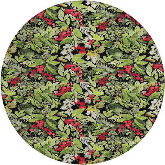 8' Black Green And Red Round Botanical Leaves Washable Indoor Outdoor Area Rug Photo 1