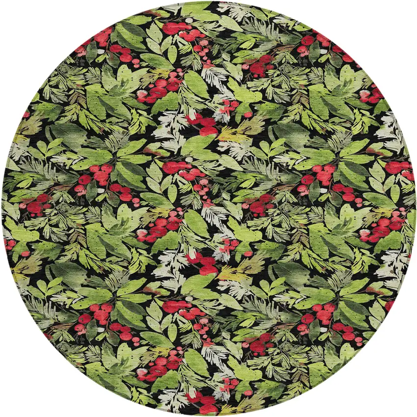 8' Black Green And Red Round Botanical Leaves Washable Indoor Outdoor Area Rug Photo 1