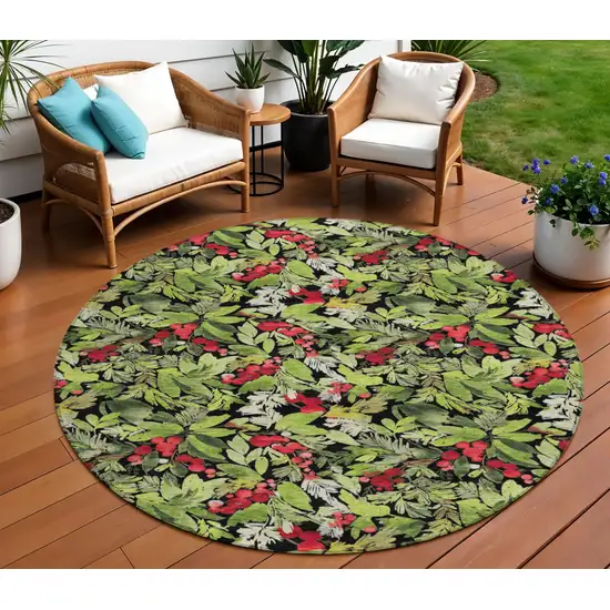 8' Black Green And Red Round Botanical Leaves Washable Indoor Outdoor Area Rug Photo 2