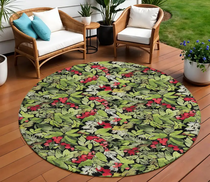 8' Black Green And Red Round Botanical Leaves Washable Indoor Outdoor Area Rug Photo 2