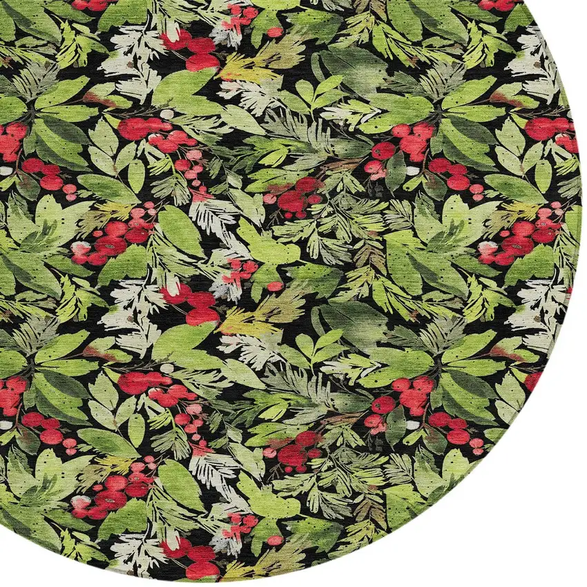 8' Black Green And Red Round Botanical Leaves Washable Indoor Outdoor Area Rug Photo 8