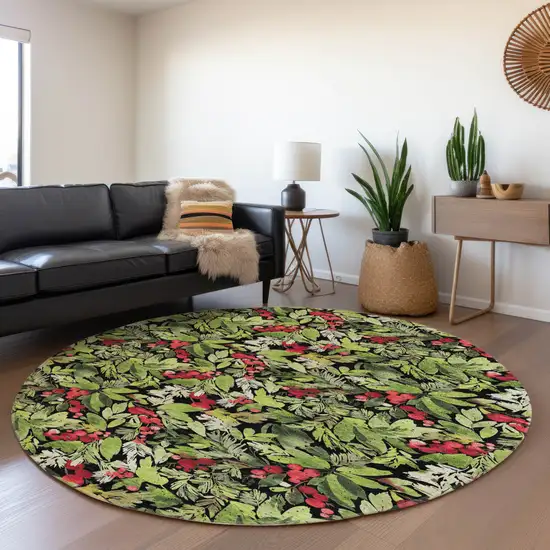 8' Black Green And Red Round Botanical Leaves Washable Indoor Outdoor Area Rug Photo 6