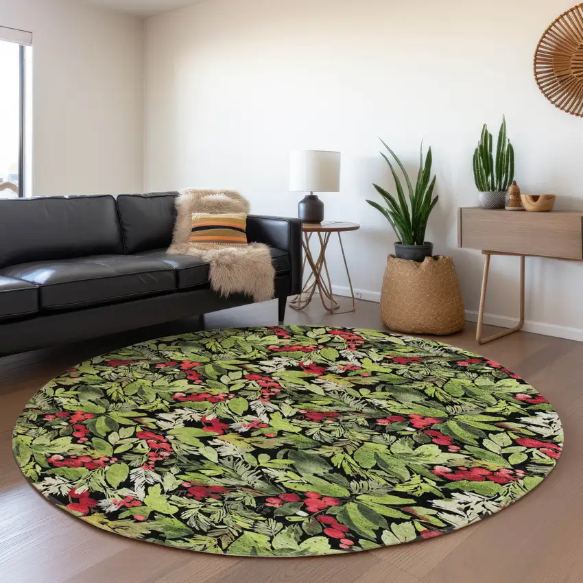 8' Black Green And Red Round Botanical Leaves Washable Indoor Outdoor Area Rug Photo 6