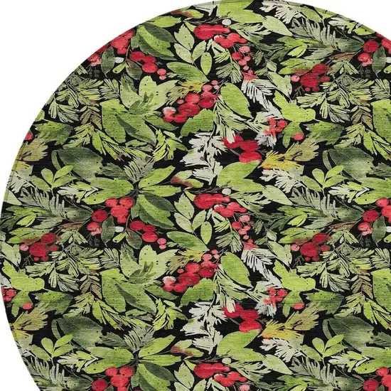 8' Black Green And Red Round Botanical Leaves Washable Indoor Outdoor Area Rug Photo 4