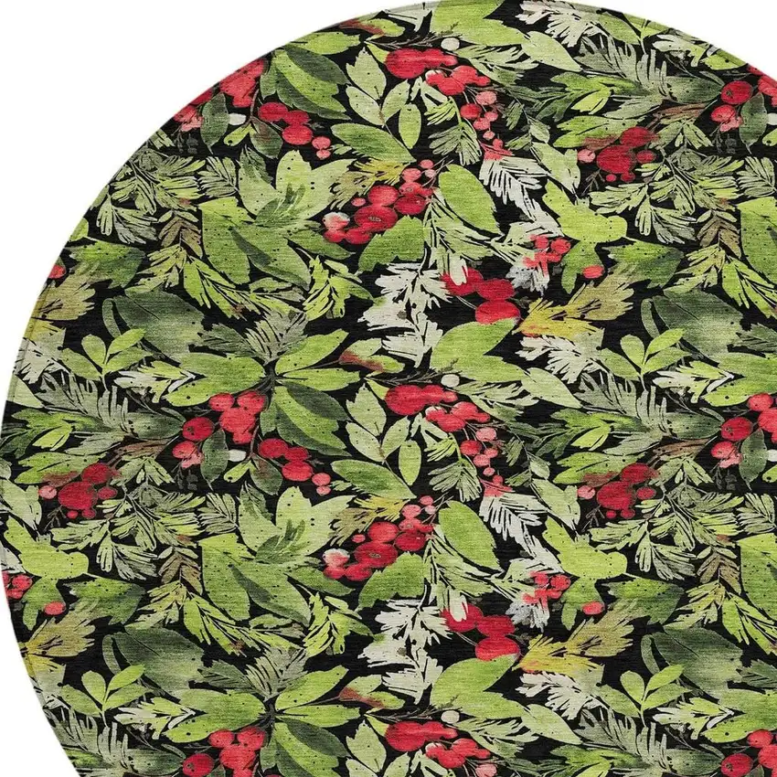 8' Black Green And Red Round Botanical Leaves Washable Indoor Outdoor Area Rug Photo 4